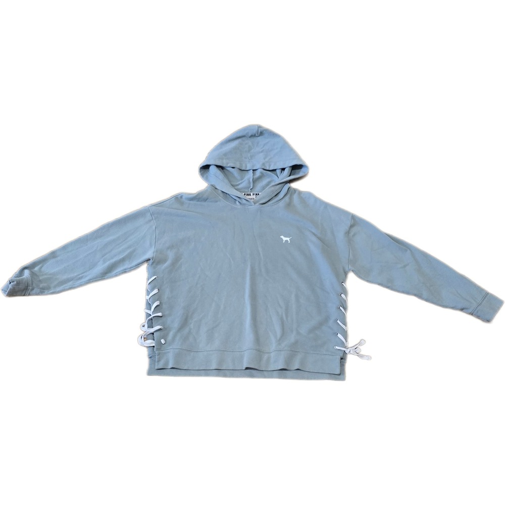 Victorias Secret PINK Lace Up Side Hoodie Blue Grey Pullover Sweatshirt Large